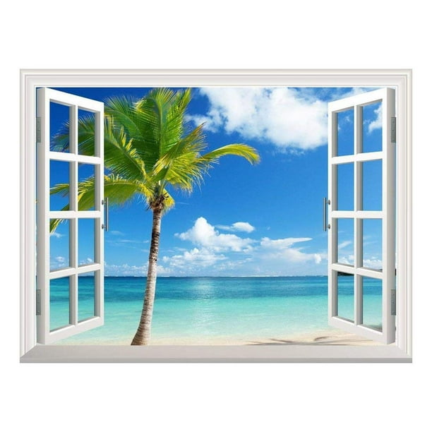 Palm TREE ON THE TROPICAL BEACH PHOTO Hole in Wall Sticker Mural